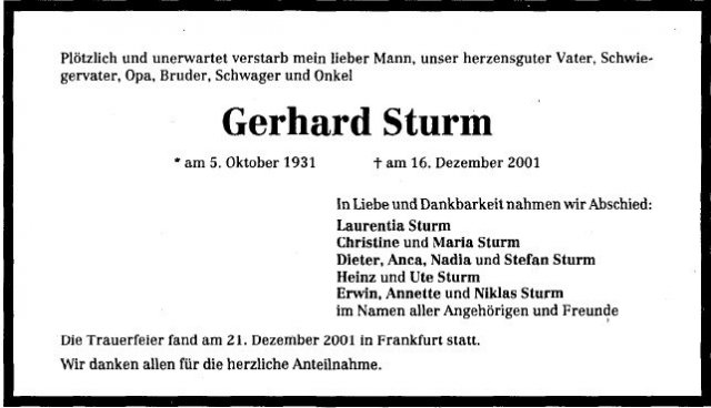 Sturm Gerhard 1931-2001 Todesanzeige